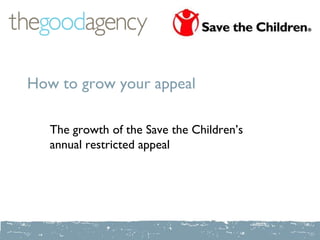 How to grow your appeal

   The growth of the Save the Children’s
   annual restricted appeal
 