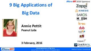 9 Big Applications of Big Data
Annie Pettit, Canada, Festival of NewMR 2016
9 Big Applications of
Big Data
Annie Pettit
Peanut Labs
3 February, 2016
#NewMR 2016 Sponsors
Media Partner GreenBook
 