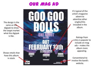 OUR MAG AD

The design is the
same as the
digipak to show
the target market
what the digipak
is like.

Shows retails that
have this album
in stock.

It’s typical of the
artist’s magazine
advert to
advertise other
singles/hits
included in the
album.

Ratings from
critics is popular to
include on mag
ads – makes the
album more
appealing.
Conventional to
involve the band’s
website.

 