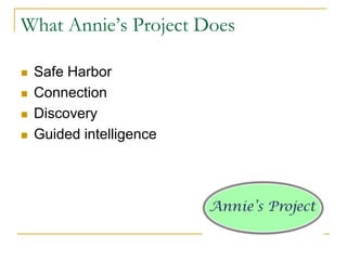 What Annie’s Project Does

   Safe Harbor
   Connection
   Discovery
   Guided intelligence
 