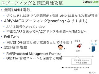 • 無線LANは電波
• 近くにあれば誰でも盗聴可能 : 有線LANとは異なる攻撃が可能
• ARP/MACスプーフィング(spoofing : なりすまし)
• ARPは暗号化されていない
• 不正なARPを送ってMACアドレスを偽装→MITMなどへ
• Evil Twin
• 同じSSIDを設定し強い電波を出して待ち受け
• 認証解除攻撃
• PMF(Protected Management Frames)
• 802.11w 管理フレームを保護する規格
17 / 24
スプーフィングと認証解除攻撃
 