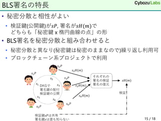 • 秘密分散と相性がよい
• 検証鍵(公開鍵)が𝑠𝑃, 署名が𝑠𝐻(𝑚)で
どちらも「秘密鍵 x 楕円曲線の点」の形
• BLS署名を秘密分散と組み合わせると
• 秘密分散と異なり(秘密鍵は秘密のままなので)繰り返し利用可
• ブロックチェーン系プロジェクトで利用
BLS署名の特長
15 / 18
 