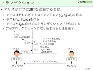 • アリスがボブに2BTを送金するとは
• アリスは新しいビットコインアドレス(𝑠𝐴
′
, 𝑆𝐴
′
, 𝑎𝐴
′
)を作る
• ボブも(𝑠𝐵, 𝑆𝐵, 𝑎𝐵)を作る
• アリスが𝑎𝐵に向けてのトランザクション𝑇′を作成する
• 𝑇′がブロックチェーンに取り込まれると送金完了
トランザクション
11 / 26
 