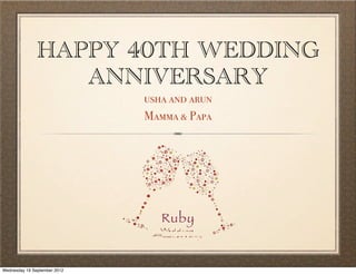 HAPPY 40TH WEDDING
                  ANNIVERSARY
                              usha and arun
                              Mamma & Papa




                                 Ruby


Wednesday 19 September 2012
 