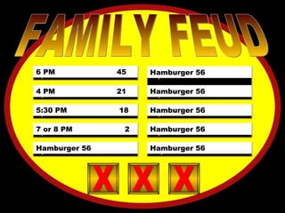 X  X  X  X  X  X FOSSIL 21 SHELLS 12 JARASSIC 13 EONS 5 PERIOD 3 SEDIMENT 2 LAYERS 2 DX 1 X FAMILY FEUD 5)  X  X  X  X  X  X 4)  X  X  X  X  X  X 3)  X  X  X  X  X  X 2)  X  X  X  X  X  X 10)  X  X  X  X  X  X 9)  X  X  X  X  X  X 8)  X  X  X  X  X  X 7)  X  X  X  X  X  X 6)  X  X  X  X  X  X  X X 1)  X  X  X  X  X  X 6 PM  45 4 PM  21 5:30 PM  18 7 or 8 PM  2 Hamburger 56 Hamburger 56 Hamburger 56 Hamburger 56 Hamburger 56 Hamburger 56 X X X X X X X X X 