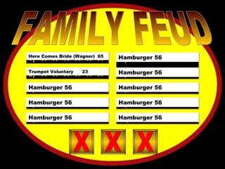 X  X  X  X  X  X FOSSIL 21 SHELLS 12 JARASSIC 13 EONS 5 PERIOD 3 SEDIMENT 2 LAYERS 2 DX 1 X FAMILY FEUD 5)  X  X  X  X  X  X 4)  X  X  X  X  X  X 3)  X  X  X  X  X  X 2)  X  X  X  X  X  X 10)  X  X  X  X  X  X 9)  X  X  X  X  X  X 8)  X  X  X  X  X  X 7)  X  X  X  X  X  X 6)  X  X  X  X  X  X  X X 1)  X  X  X  X  X  X Here Comes Bride (Wagner)  65  Trumpet Voluntary  23 Hamburger 56 Hamburger 56 Hamburger 56 Hamburger 56 Hamburger 56 Hamburger 56 Hamburger 56 Hamburger 56 X X X X X X X X X 