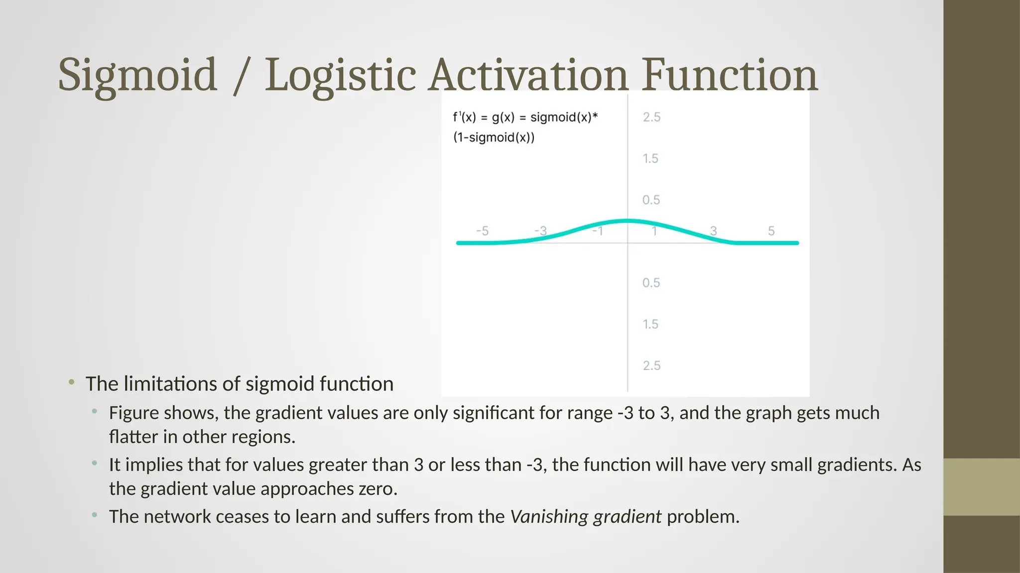 Sigmoid / Logistic Activation Function
• The limitations of sigmoid function
• Figure shows, the gradient values are only significant for range -3 to 3, and the graph gets much
flatter in other regions.
• It implies that for values greater than 3 or less than -3, the function will have very small gradients. As
the gradient value approaches zero.
• The network ceases to learn and suffers from the Vanishing gradient problem.
 