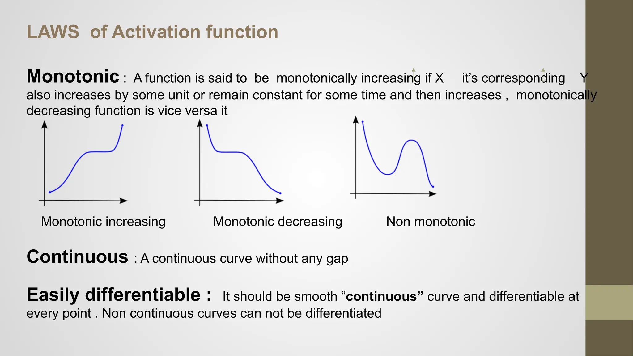 LAWS of Activation function
Monotonic : A function is said to be monotonically increasing if X it’s corresponding Y
also increases by some unit or remain constant for some time and then increases , monotonically
decreasing function is vice versa it
Monotonic increasing Monotonic decreasing Non monotonic
Continuous : A continuous curve without any gap
Easily differentiable : It should be smooth “continuous” curve and differentiable at
every point . Non continuous curves can not be differentiated
 