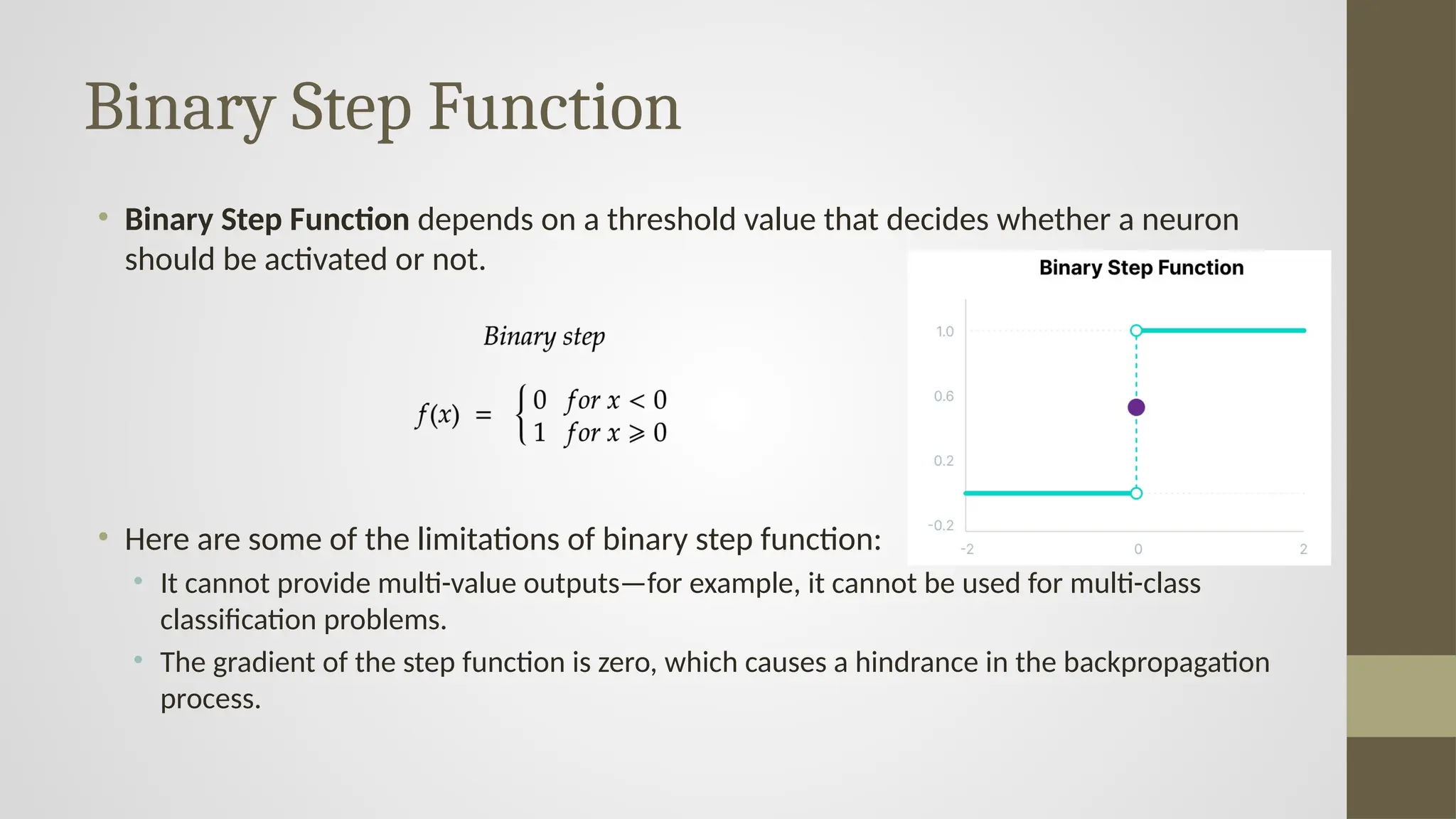 Binary Step Function
• Binary Step Function depends on a threshold value that decides whether a neuron
should be activated or not.
• Here are some of the limitations of binary step function:
• It cannot provide multi-value outputs—for example, it cannot be used for multi-class
classification problems.
• The gradient of the step function is zero, which causes a hindrance in the backpropagation
process.
 
