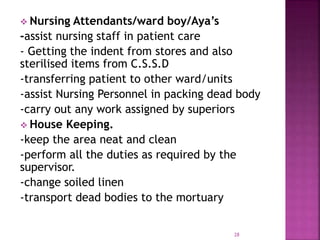  Nursing Attendants/ward boy/Aya’s
-assist nursing staff in patient care
- Getting the indent from stores and also
sterilised items from C.S.S.D
-transferring patient to other ward/units
-assist Nursing Personnel in packing dead body
-carry out any work assigned by superiors
 House Keeping.
-keep the area neat and clean
-perform all the duties as required by the
supervisor.
-change soiled linen
-transport dead bodies to the mortuary
28
 