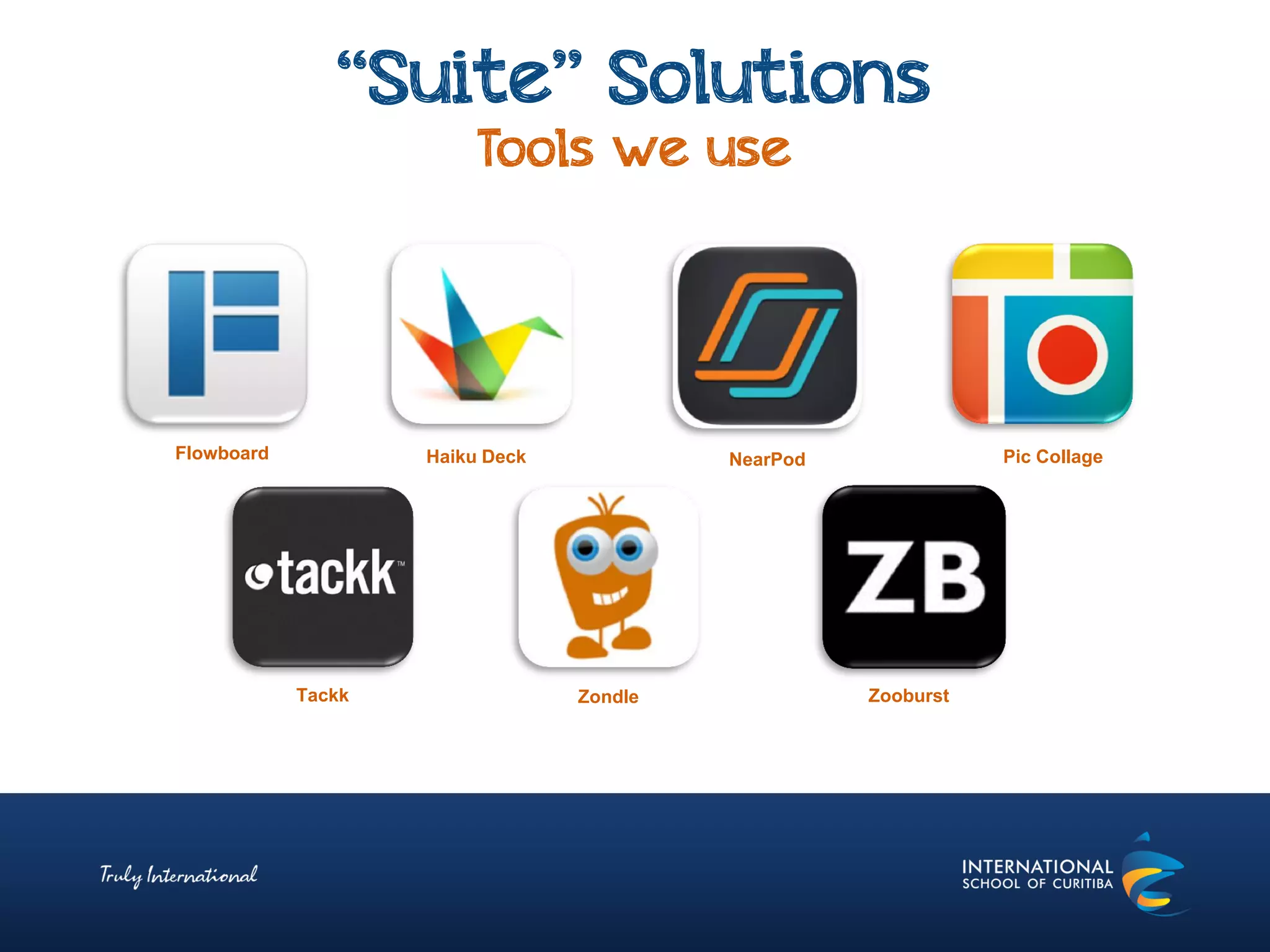 “Suite” Solutions
Tools we use
Flowboard Haiku Deck NearPod Pic Collage
Zondle ZooburstTackk
 