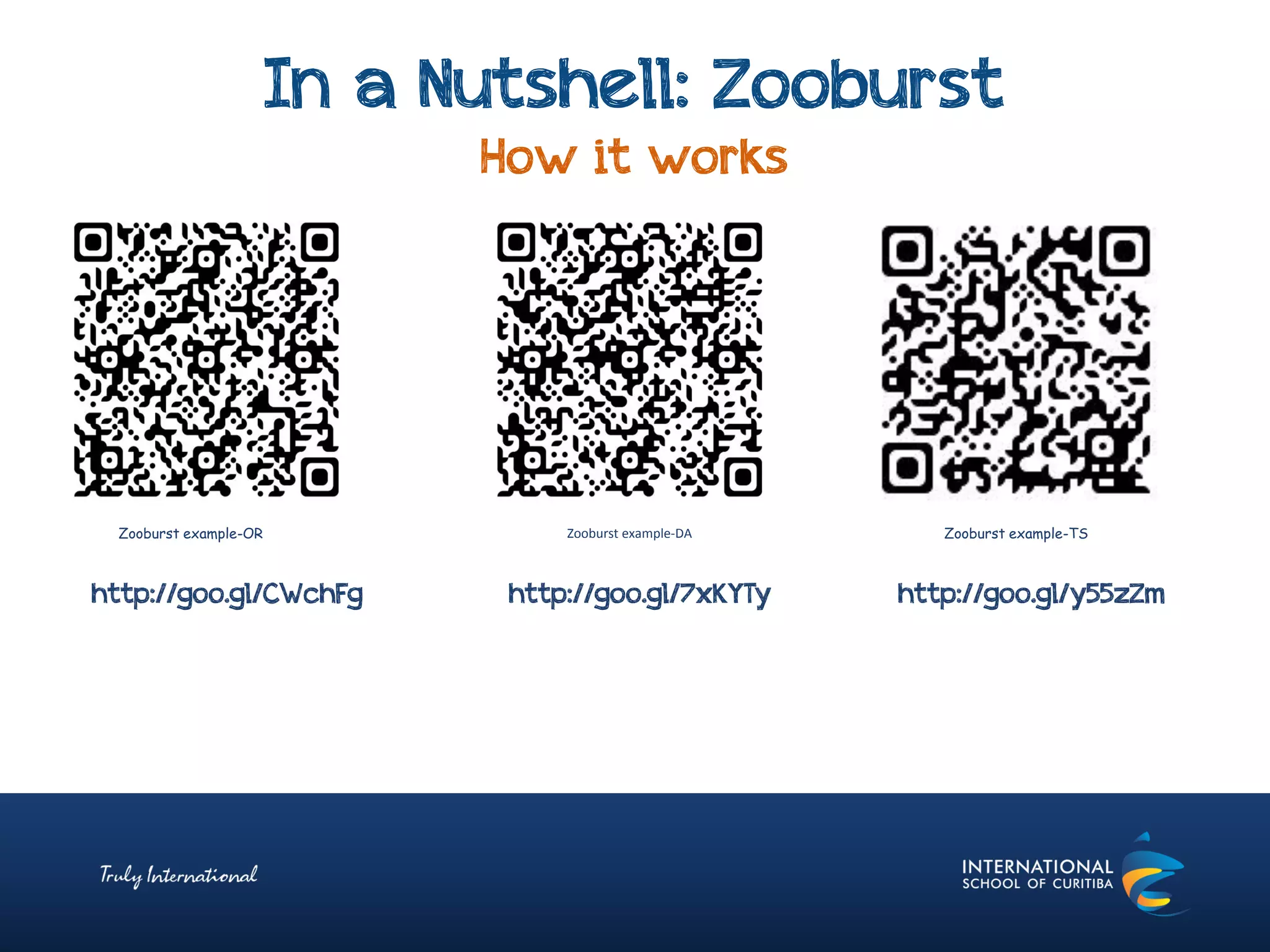 In a Nutshell: Zooburst
How it works
Zooburst example-OR Zooburst example-DA Zooburst example-TS
http://goo.gl/CWchFg http://goo.gl/7xKYTy http://goo.gl/y55zZm
 
