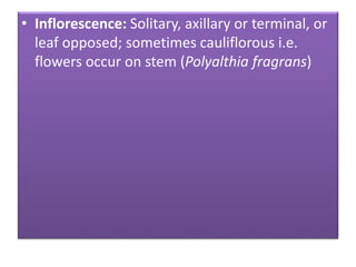• Inflorescence: Solitary, axillary or terminal, or
leaf opposed; sometimes cauliflorous i.e.
flowers occur on stem (Polyalthia fragrans)
 