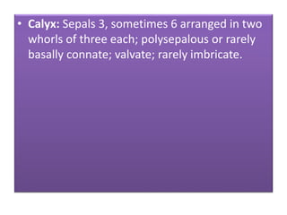 • Calyx: Sepals 3, sometimes 6 arranged in two
whorls of three each; polysepalous or rarely
basally connate; valvate; rarely imbricate.
 