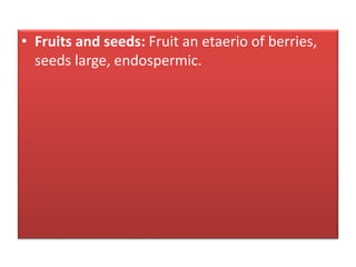 • Fruits and seeds: Fruit an etaerio of berries,
seeds large, endospermic.
 