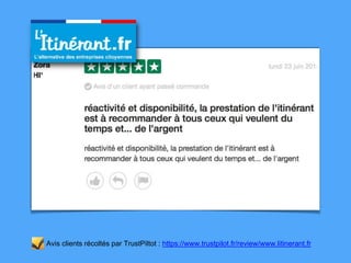 Avis clients récoltés par TrustPiltot : https://www.trustpilot.fr/review/www.litinerant.fr
 