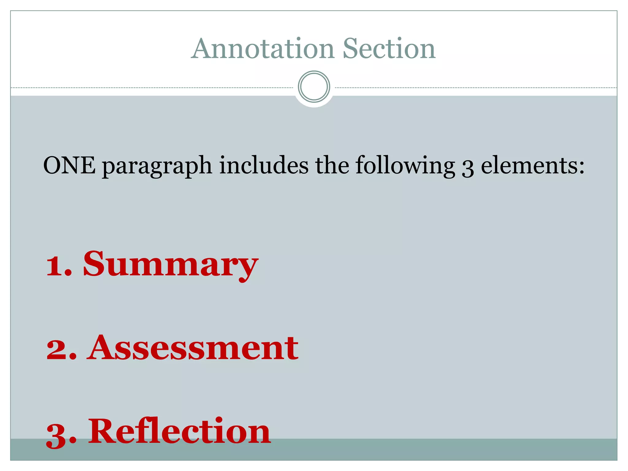 Annotation Section
ONE paragraph includes the following 3 elements:
1. Summary
2. Assessment
3. Reflection
 