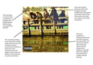 The entire band is
featured in this shot,
bringing in brand
identity and relating this
to the final scene in the
video where the band
are at this very location
all together.
The post-
production
reflection effect was
used here because
the same effect was
used in the advert.
This draws the
advert and the
album closer
together so people
don’t lose sight of
the product and
creates a brand
identity.
The matching clothing
used in this shot and the
video and the rest of the
ancillary products
creates brand identity. It
draws the same
members across all
stages of the media and
allows for the audience
to make connections.
The band logo
is used to draw
a comparison
between the
graffiti behind
and the logo,
creating brand
identity.
 