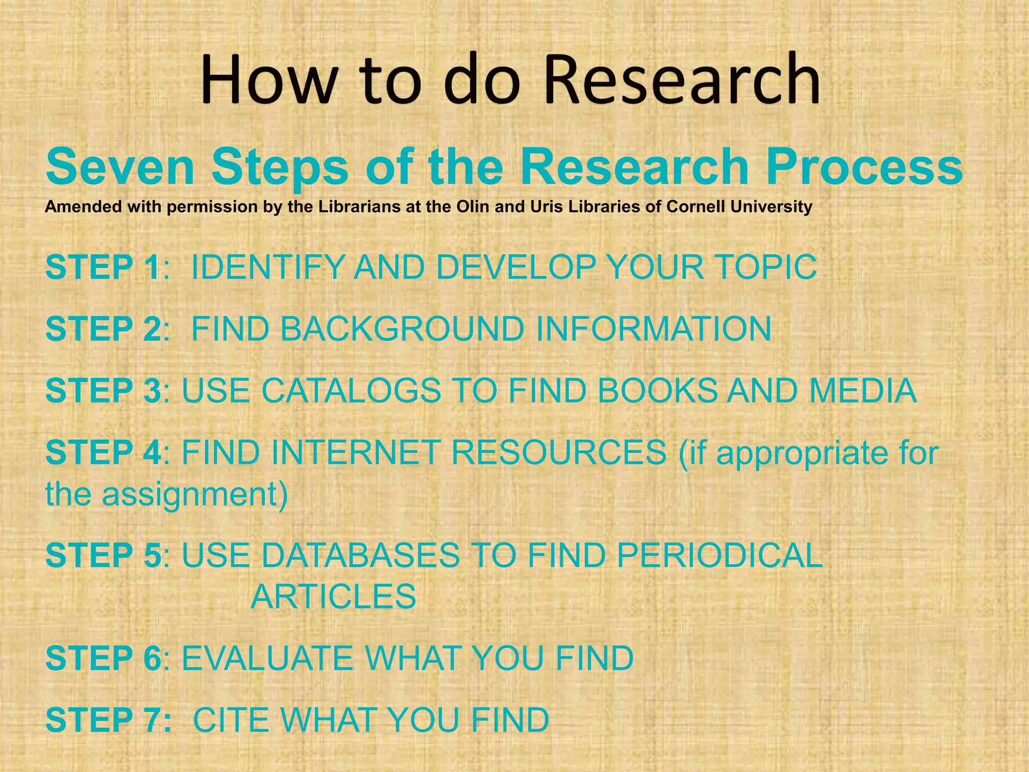 STEP 1: IDENTIFY AND DEVELOP YOUR TOPIC
STEP 2: FIND BACKGROUND INFORMATION
STEP 3: USE CATALOGS TO FIND BOOKS AND MEDIA
STEP 4: FIND INTERNET RESOURCES (if appropriate for
the assignment)
STEP 5: USE DATABASES TO FIND PERIODICAL
ARTICLES
STEP 6: EVALUATE WHAT YOU FIND
STEP 7: CITE WHAT YOU FIND
Seven Steps of the Research Process
Amended with permission by the Librarians at the Olin and Uris Libraries of Cornell University
How to do Research
 