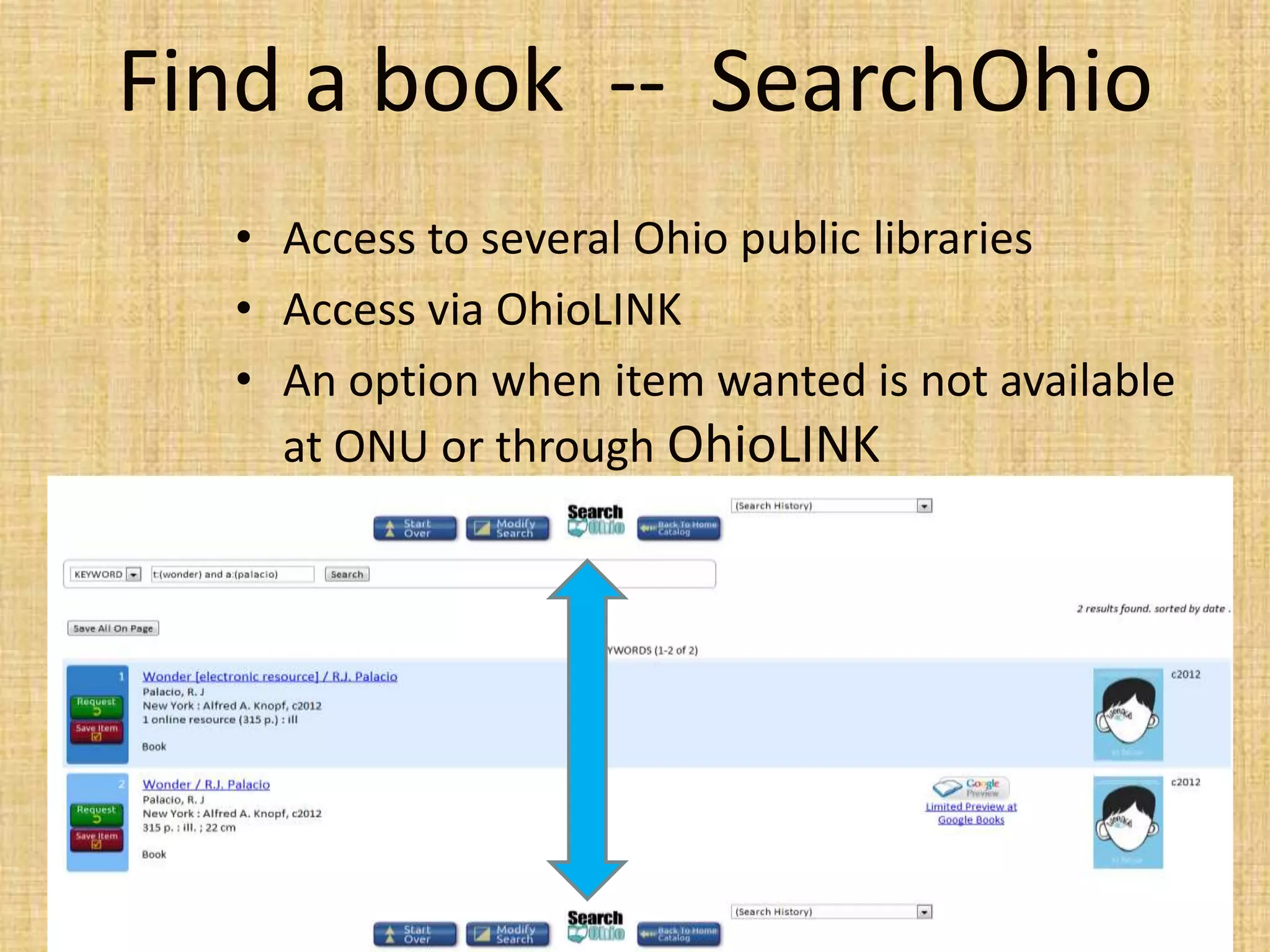 Find a book -- SearchOhio
• Access to several Ohio public libraries
• Access via OhioLINK
• An option when item wanted is not available
at ONU or through OhioLINK
 