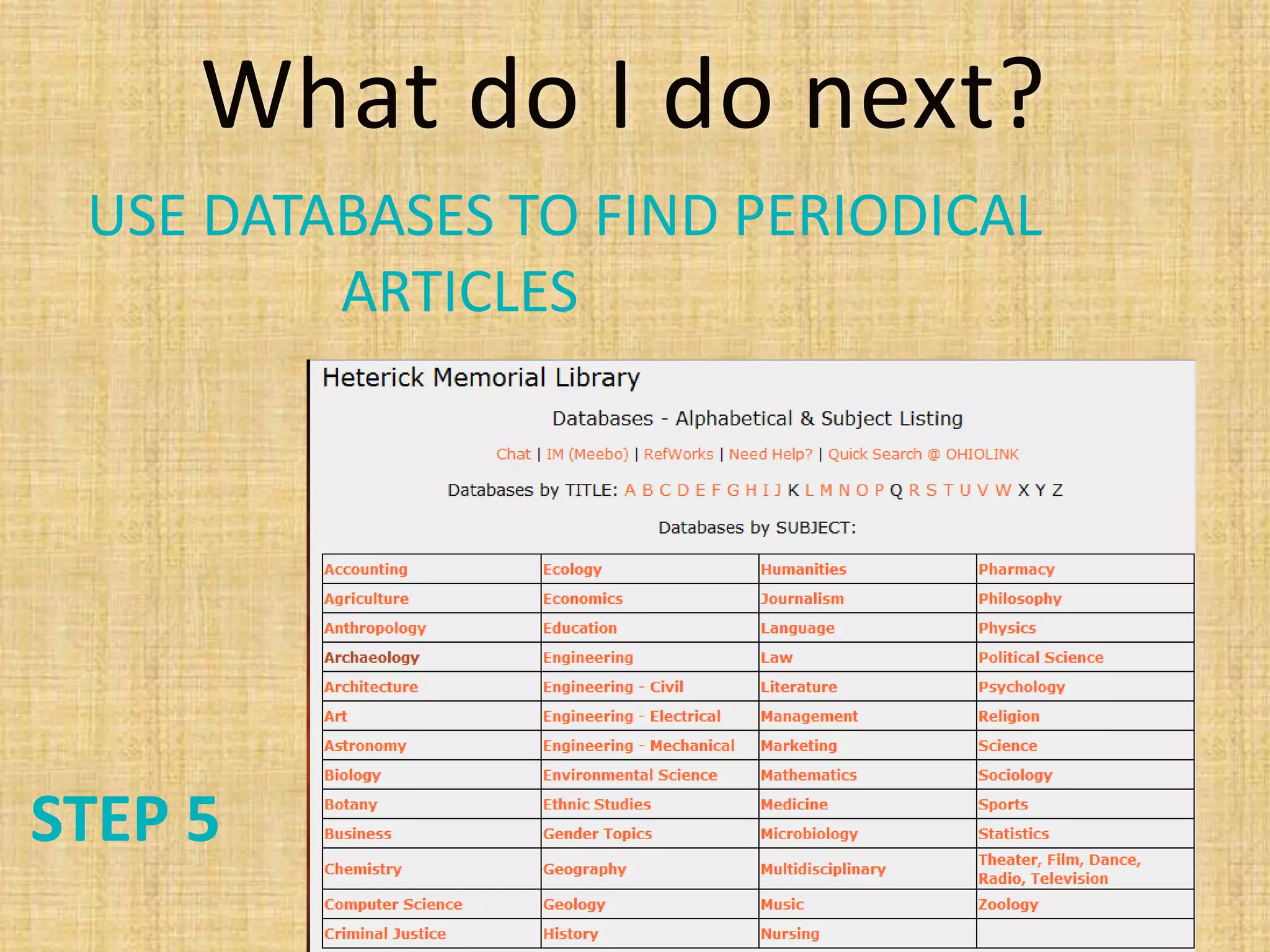 What do I do next?
USE DATABASES TO FIND PERIODICAL
ARTICLES
STEP 5
 