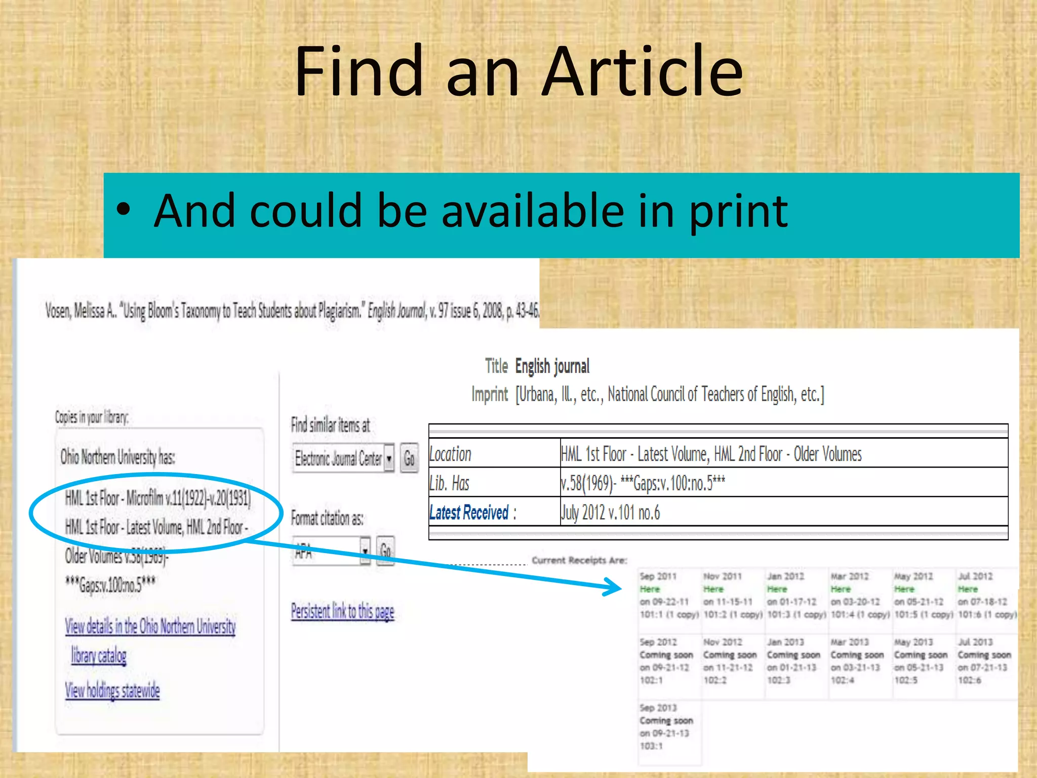 Find an Article
• And could be available in print
 