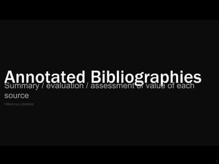 1
Annotated BibliographiesSummary / evaluation / assessment of value of each
source
Villanova Libraries
 