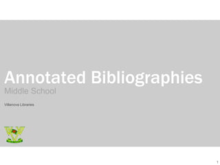 1
Annotated Bibliographies
Middle School
Villanova Libraries
 