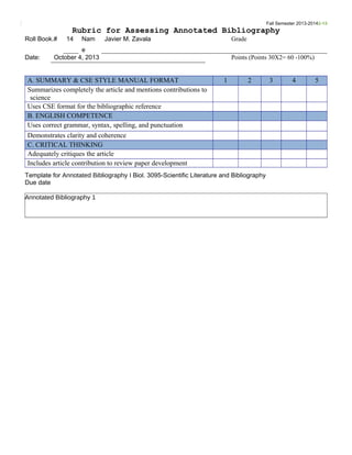 Fall Semester 2013-20142-13

Rubric for Assessing Annotated Bibliography
Roll Book.#
Date:

14

Nam

Javier M. Zavala

Grade

e
October 4, 2013

A. SUMMARY & CSE STYLE MANUAL FORMAT
Summarizes completely the article and mentions contributions to
science
Uses CSE format for the bibliographic reference
B. ENGLISH COMPETENCE
Uses correct grammar, syntax, spelling, and punctuation
Demonstrates clarity and coherence
C. CRITICAL THINKING
Adequately critiques the article
Includes article contribution to review paper development

Points (Points 30X2= 60 -100%)

1

2

Template for Annotated Bibliography I Biol. 3095-Scientific Literature and Bibliography
Due date
Annotated Bibliography 1

3

4

5

 