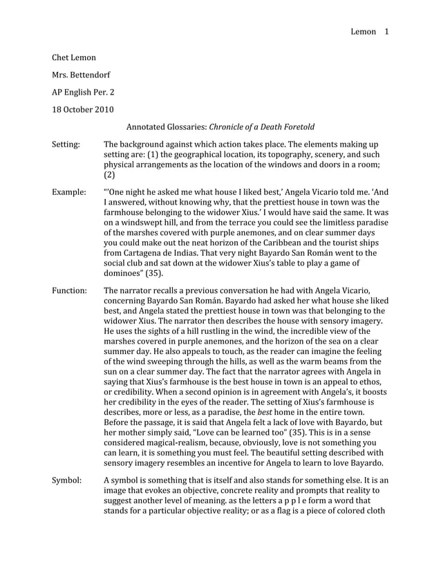 Annotated glossaries chronicle of a death foretold PDF