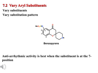 © Oxford University Press, 2013
7.2 Vary Aryl Substituents
Anti-arrhythmic activity is best when the substituent is at the 7-
position
Vary substituents
Vary substitution pattern
Benzopyrans
 