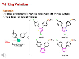 © Oxford University Press, 2013
Rationale
•Replace aromatic/heterocyclic rings with other ring systems
•Often done for patent reasons
7.6 Ring Variations
X
X
General structure
for NSAIDS
Core
scaffold
S
Br
F SO2CH3
N
N
CF3
F SO2CH3
F SO2CH3
DuP697
F SO2CH3
SC-58125
SC-57666
 