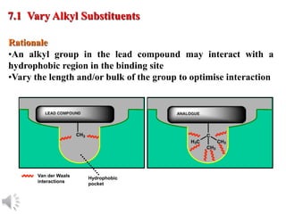 © Oxford University Press, 2013
7.1 Vary Alkyl Substituents
Rationale
•An alkyl group in the lead compound may interact with a
hydrophobic region in the binding site
•Vary the length and/or bulk of the group to optimise interaction
Van der Waals
interactions
Hydrophobic
pocket
 