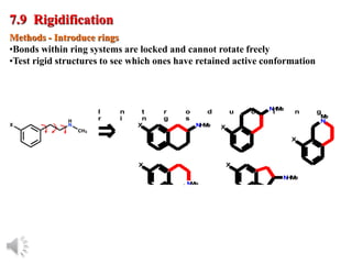 © Oxford University Press, 2013
7.9 Rigidification
Methods - Introduce rings
•Bonds within ring systems are locked and cannot rotate freely
•Test rigid structures to see which ones have retained active conformation
X N
H
M
e X
N
H
M
e
X
M
e
N
X
N
M
e
X
N
H
M
e
I n t r o d u c i n g
r i n g s
 