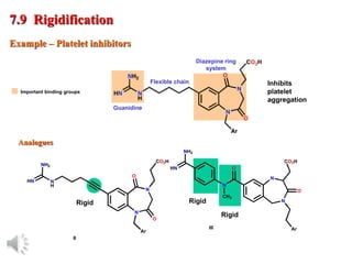 © Oxford University Press, 2013
Rigid
Rigid
Important binding groups
Rigid
Example – Platelet inhibitors
7.9 Rigidification
Inhibits
platelet
aggregation
N
N
CO2H
O
O
N
H
HN
NH2
Ar
II
Analogues
N
N
CO2H
O
Ar
N
O
CH3
HN
NH2
III
Guanidine
Flexible chain
Diazepine ring
system
 