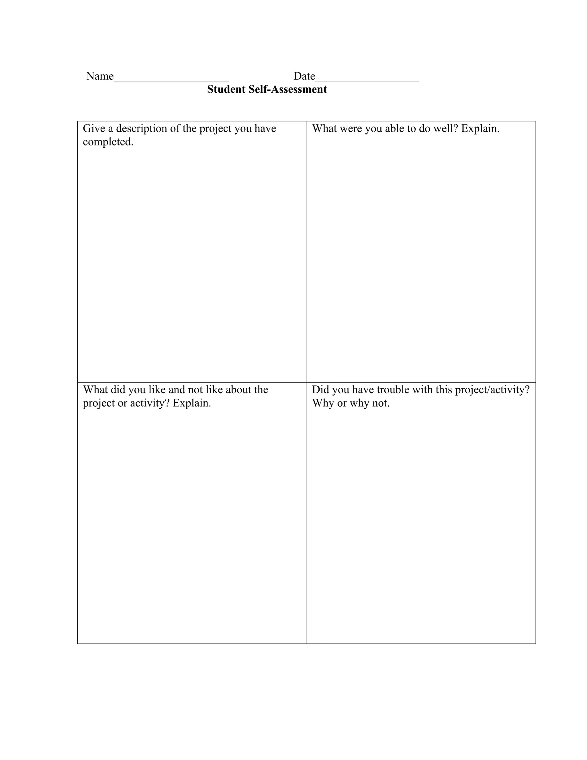 Name____________________
Date__________________
Student Self-Assessment
Give a description of the project you have
completed.

What were you able to do well? Explain.

What did you like and not like about the
project or activity? Explain.

Did you have trouble with this project/activity?
Why or why not.

 