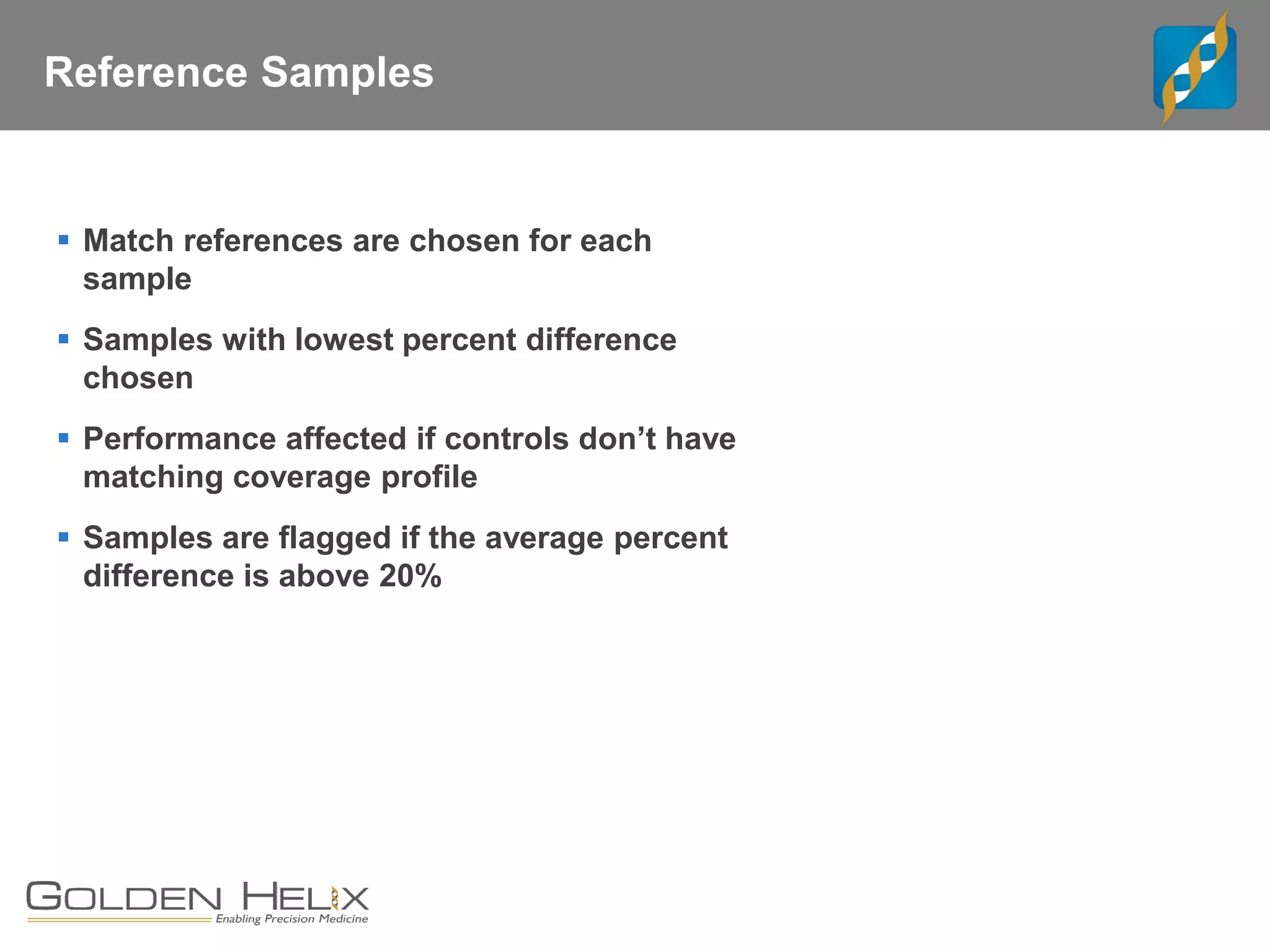 Reference Samples
▪ Match references are chosen for each
sample
▪ Samples with lowest percent difference
chosen
▪ Performance affected if controls don’t have
matching coverage profile
▪ Samples are flagged if the average percent
difference is above 20%
 