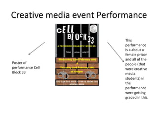 Creative media event Performance

                          This
                          performance
                          is a about a
                          female prison
                          and all of the
Poster of                 people (that
performance Cell          were creative
Block 33                  media
                          students) in
                          the
                          performence
                          were getting
                          graded in this.
 