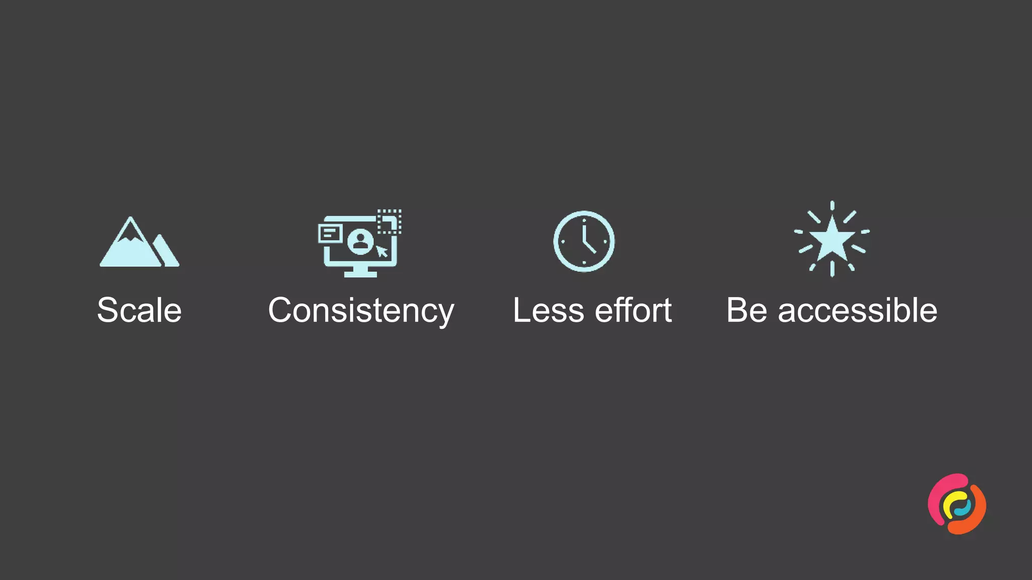Scale Consistency Less effort Be accessible
 