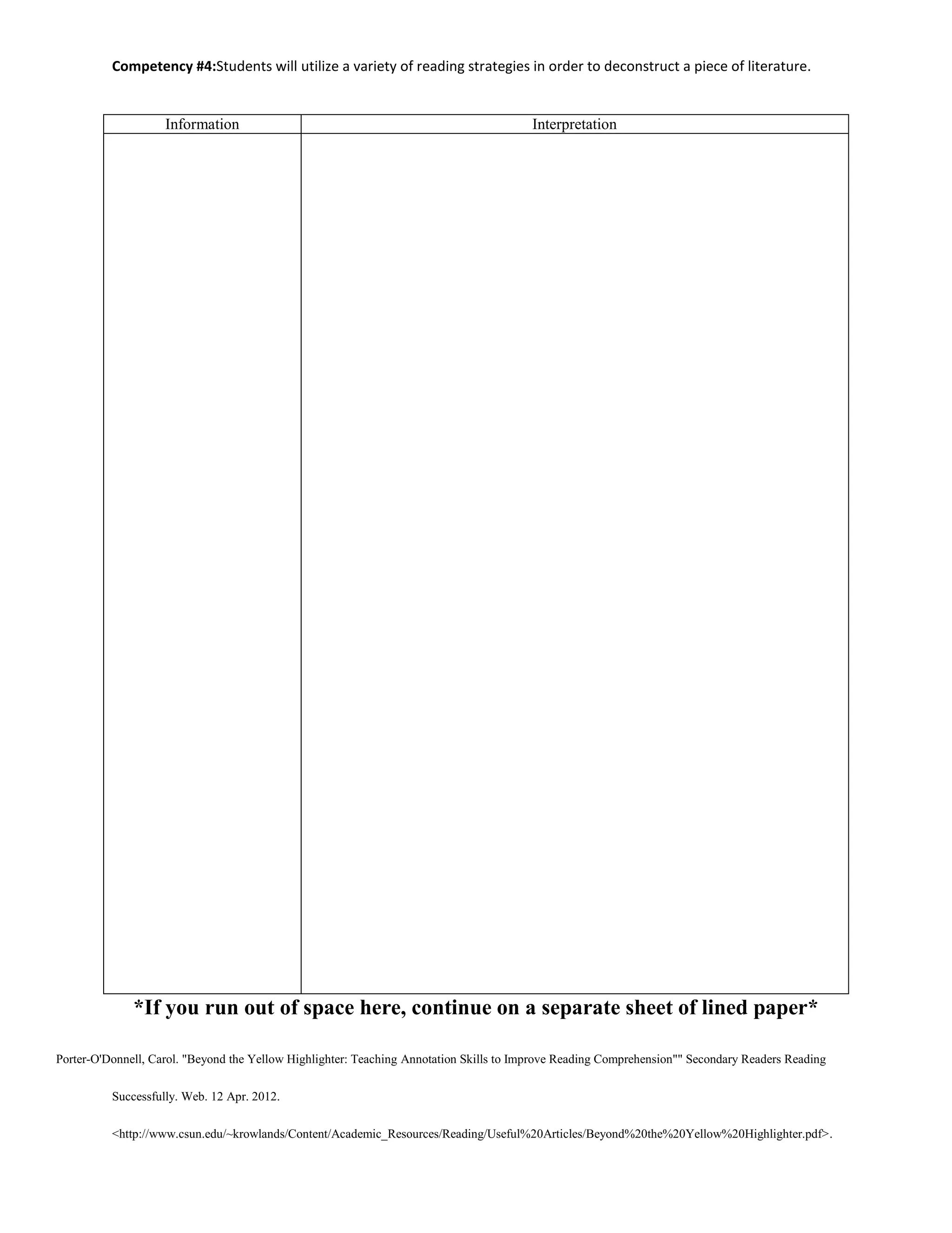 Competency #4:Students will utilize a variety of reading strategies in order to deconstruct a piece of literature.


                    Information                                                          Interpretation




              *If you run out of space here, continue on a separate sheet of lined paper*

Porter-O'Donnell, Carol. "Beyond the Yellow Highlighter: Teaching Annotation Skills to Improve Reading Comprehension"" Secondary Readers Reading

          Successfully. Web. 12 Apr. 2012.

          <http://www.csun.edu/~krowlands/Content/Academic_Resources/Reading/Useful%20Articles/Beyond%20the%20Yellow%20Highlighter.pdf>.
 