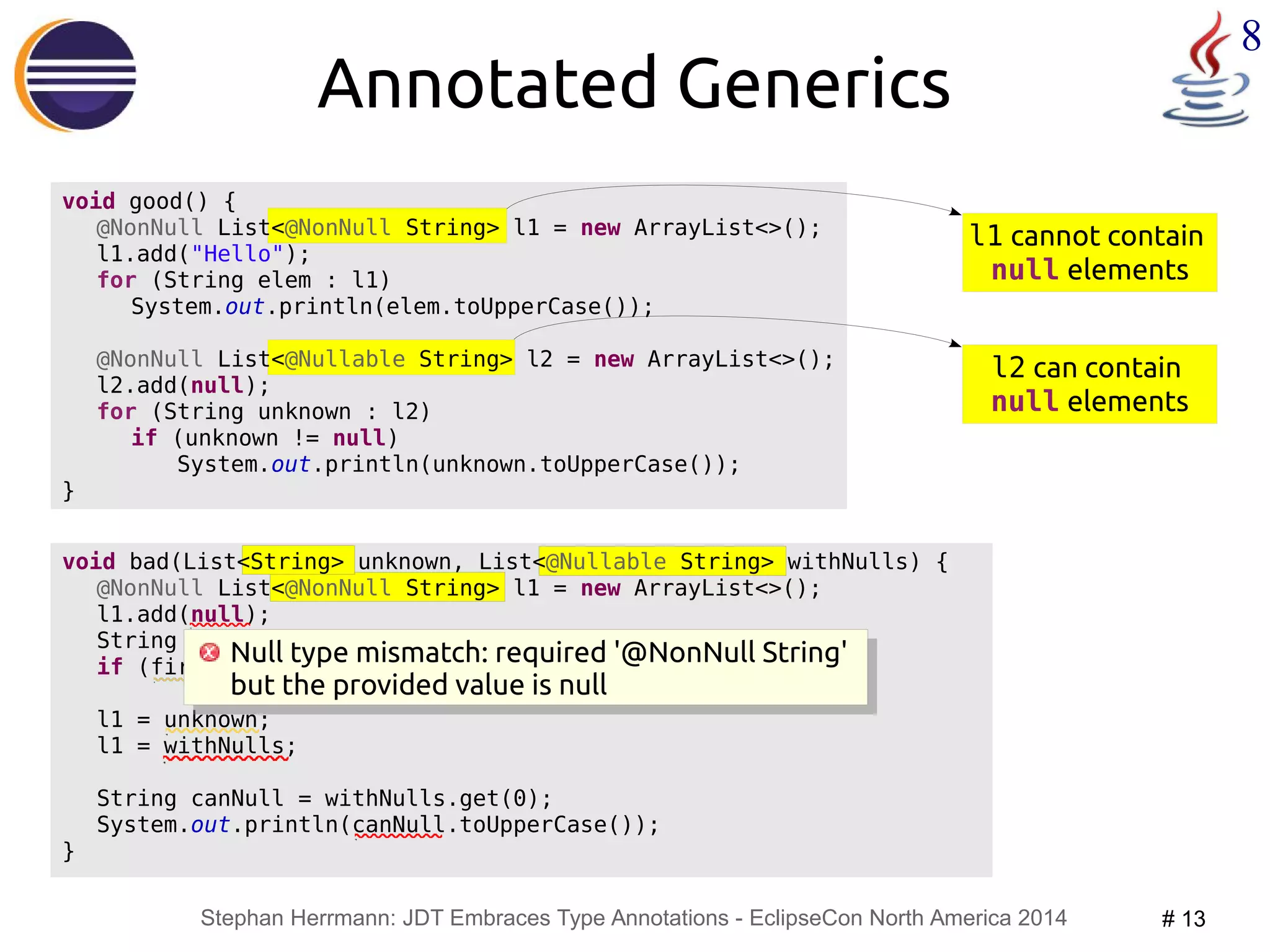 l1 cannot contain 
null elements 
Null type mismatch: required '@NonNull String' 
but the provided value is null 
Stephan Herrmann: JDT Embraces Type Annotations - EclipseCon North America 2014 # 13 
8 
void bad(List<String> unknown, List<@Nullable String> withNulls) { 
@NonNull List<@NonNull String> l1 = new ArrayList<>(); 
l1.add(null); 
String first = l1.get(0); 
if (first == null) return; 
l1 = unknown; 
l1 = withNulls; 
String canNull = withNulls.get(0); 
System.out.println(canNull.toUpperCase()); 
} 
@NonNull List<@Nullable String> l2 = new ArrayList<>(); 
l2 can contain 
null elements 
Annotated Generics 
void good() { 
@NonNull List<@NonNull String> l1 = new ArrayList<>(); 
l1.add("Hello"); 
for (String elem : l1) 
System.out.println(elem.toUpperCase()); 
l2.add(null); 
for (String unknown : l2) 
if (unknown != null) 
System.out.println(unknown.toUpperCase()); 
} 
Null type mismatch: required '@NonNull String' 
but the provided value is null 
 