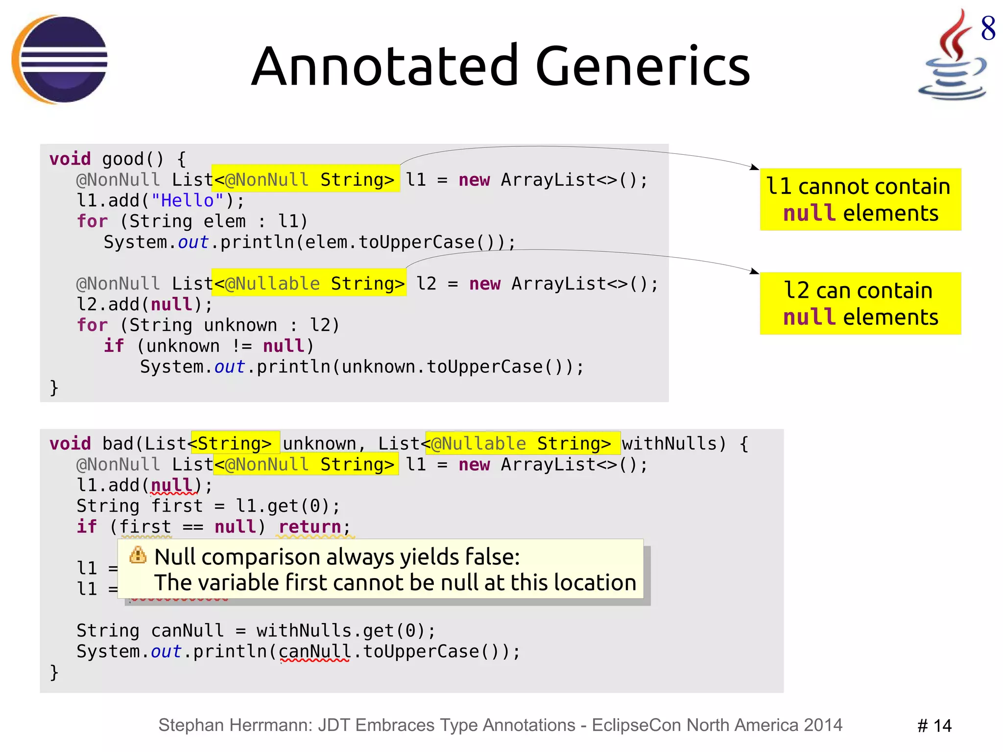 l1 cannot contain 
null elements 
Null comparison always yields false: 
The variable first cannot be null at this location 
Stephan Herrmann: JDT Embraces Type Annotations - EclipseCon North America 2014 # 14 
8 
void bad(List<String> unknown, List<@Nullable String> withNulls) { 
@NonNull List<@NonNull String> l1 = new ArrayList<>(); 
l1.add(null); 
String first = l1.get(0); 
if (first == null) return; 
l1 = unknown; 
l1 = withNulls; 
String canNull = withNulls.get(0); 
System.out.println(canNull.toUpperCase()); 
} 
@NonNull List<@Nullable String> l2 = new ArrayList<>(); 
l2 can contain 
null elements 
Annotated Generics 
void good() { 
@NonNull List<@NonNull String> l1 = new ArrayList<>(); 
l1.add("Hello"); 
for (String elem : l1) 
System.out.println(elem.toUpperCase()); 
l2.add(null); 
for (String unknown : l2) 
if (unknown != null) 
System.out.println(unknown.toUpperCase()); 
} 
Null comparison always yields false: 
The variable first cannot be null at this location 
 