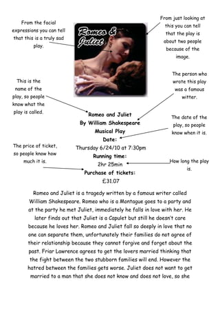 From just looking at
    From the facial
                                                                  this you can tell
expressions Rover tell
      The you can                                                  that the play is
that this is a truly sad
                                                                  about two people
          play.
                                                                   because of the
                                                                       image.


                                                                      The person who
 This is the                                                          wrote this play
 name of the                                                           was a famous
play, so people                                                           witter.
know what the
play is called.
                                 Romeo and Juliet                    The date of the
                             By William Shakespeare                   play, so people
                                    Musical Play                     know when it is.
                                       Date:
The price of ticket,       Thursday 6/24/10 at 7:30pm
so people know how
                                   Running time:
     much it is.                                                     How long the play
                                     2hr 25min
                                                                               is.
                               Purchase of tickets:
                                       £31.07

         Romeo and Juliet is a tragedy written by a famous writer called
       William Shakespeare. Romeo who is a Montague goes to a party and
       at the party he met Juliet, immediately he falls in love with her. He
          later finds out that Juliet is a Capulet but still he doesn’t care
       because he loves her. Romeo and Juliet fall so deeply in love that no
       one can separate them, unfortunately their families do not agree of
       their relationship because they cannot forgive and forget about the
       past. Friar Lawrence agrees to get the lovers married thinking that
        the fight between the two stubborn families will end. However the
       hatred between the families gets worse. Juliet does not want to get
        married to a man that she does not know and does not love, so she
 