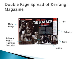 Double Page Spread of Kerrang! Magazine Title Main ImageColumnsRelevant images regarding the artistsTexts article