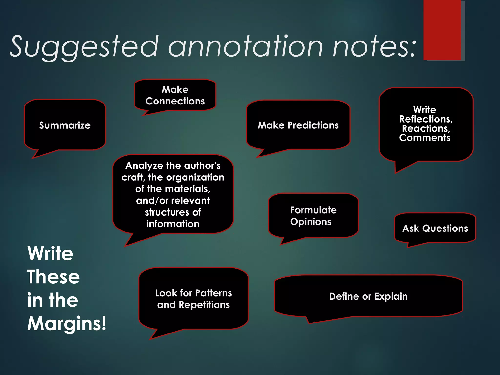 Suggested annotation notes: 
Make 
Connections 
Summarize Make Predictions 
Analyze the author's 
craft, the organization 
of the materials, 
and/or relevant 
structures of 
information 
Formulate 
Opinions 
Ask Questions 
Define or Explain 
Write 
Reflections, 
Reactions, 
Comments 
Look for Patterns 
and Repetitions 
Write 
These 
in the 
Margins! 
 