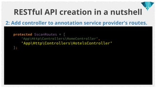 RESTful API creation in a nutshell
3: Add resource annotation to hotel controller.
<?php namespace AppHttpControllers;
use...