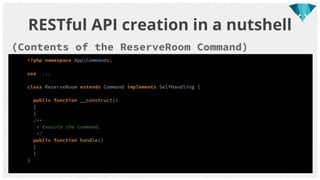 RESTful API creation in a nutshell
5. Create new ReserveRoom for Reservation Controller
<?php namespace AppHttpControllers...