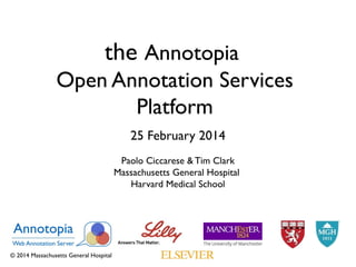 the Annotopia
Open Annotation Services
Platform
25 February 2014
Paolo Ciccarese & Tim Clark
Massachusetts General Hospital
Harvard Medical School
© 2014 Massachusetts General Hospital
 