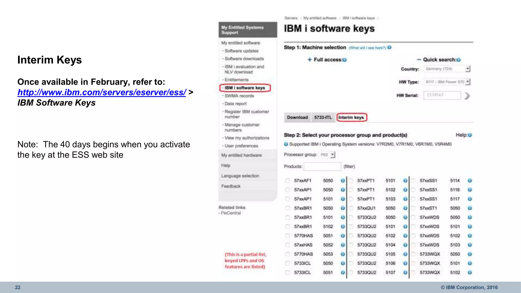 22 © IBM Corporation, 2016
Interim Keys
Once available in February, refer to:
http://www.ibm.com/servers/eserver/ess/ >
IBM Software Keys
Note: The 40 days begins when you activate
the key at the ESS web site
 