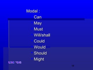 18
Modal :Modal :
 CanCan
 MayMay
 MustMust
 Will/shallWill/shall
 CouldCould
 WouldWould
 ShouldShould
 MightMight
 
